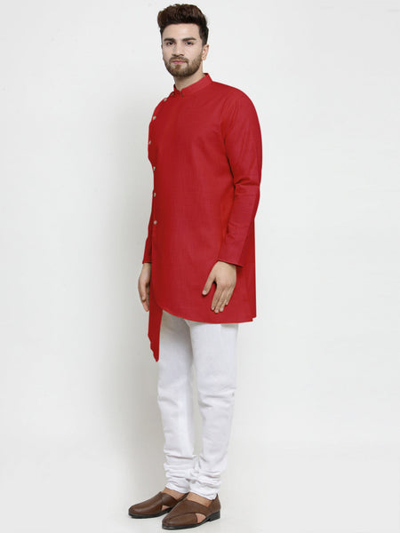 Designer Red Linen Kurta With White Churidar Pajama For Men By Luxury at Less