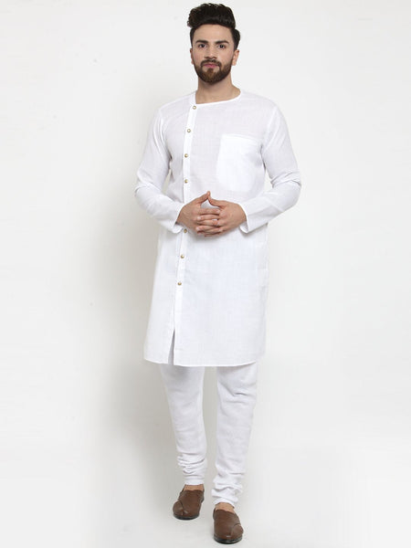 White Kurta With Churidar Pajama Set in Linen for men by Luxury at Less