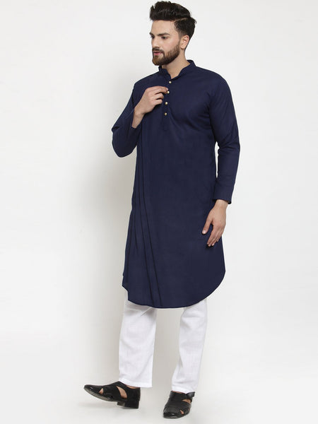 Designer Navy Blue Linen Kurta With Churidar Pajama For Men By Luxury at Less