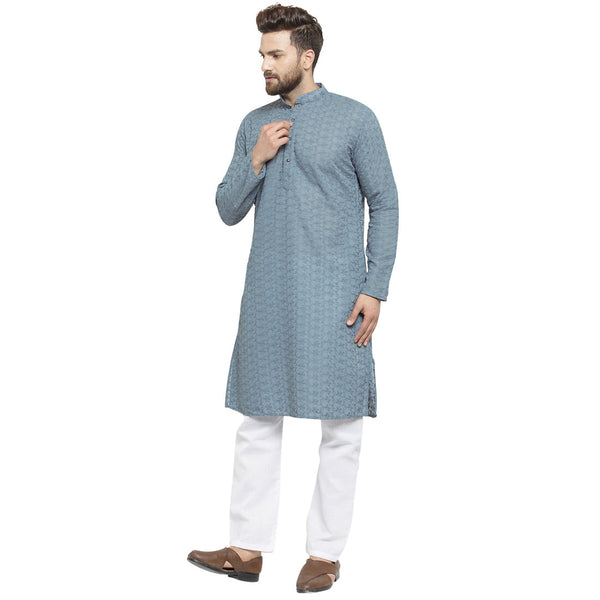 Light Grey Cotton Chikankari Lucknowi Jaal Embroidered Kurta with Aligarh Pajama For Men  by Luxury at Less