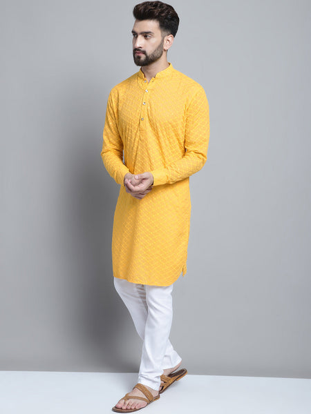 Yellow Chikankari Embroidery Cotton Kurta Pajama Set by Luxury at Less