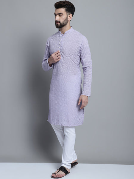 Lavender Chikankari Embroidery Cotton Kurta Pajama Set by Luxury at Less