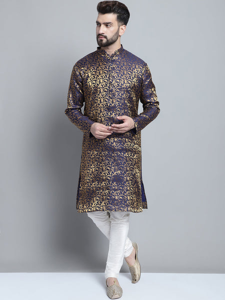 Designer Blue Brocade Kurta Pajama Set by Luxury at Less