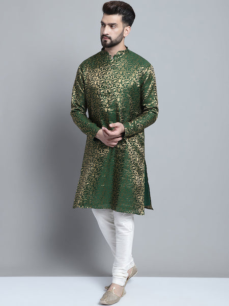 Golden Detailing Brocade Kurta Pajama Set by Luxury at Less