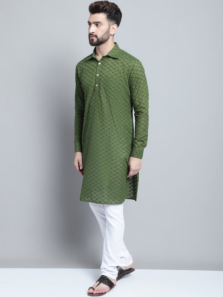 Embroidered Cotton Chikankari Green Pathani Kurta Pajama Set by Luxury at Less