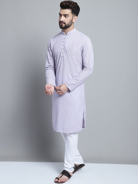 Lavender Chikankari Embroidery Cotton Kurta Pajama by Luxury at Less