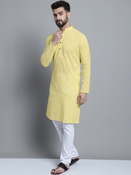 Cream Color Chikankari Embroidery Cotton Kurta Pajama by Luxury at Less