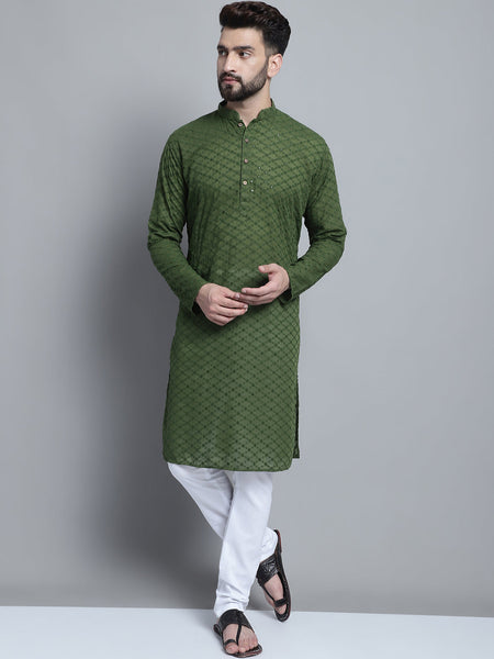 Green Chikankari Embroidery Cotton Kurta Pajama Set by Luxury at Less