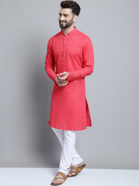 Carrot Red Chikankari Embroidery Cotton Kurta Pajama by Luxury at Less