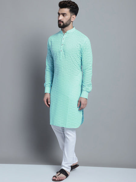 Sky Blue Chikankari Embroidery Cotton Kurta Pajama Set by Luxury at Less