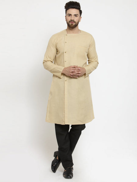 Beige Kurta With Black Aligarh Pajama Set  in Linen for men by Luxury at Less