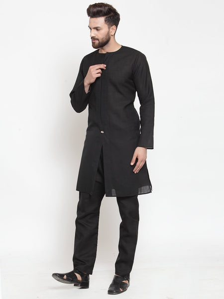 Black Kurta With Aligarh Pajama Set in Linen For Men by Luxury at Less