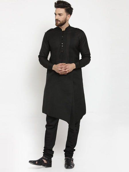 Black Kurta With Churidar Pajama Set in Linen For Men by Luxury at Less