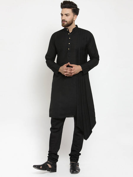 Black Kurta With Churidar Pajama Set in Linen For Men by Luxury at Less