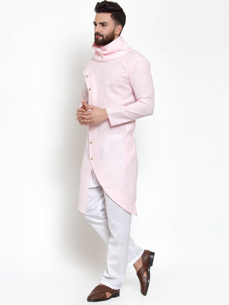 Pink Kurta With Aligarh Pajama in Linen For Men by Luxury at Less