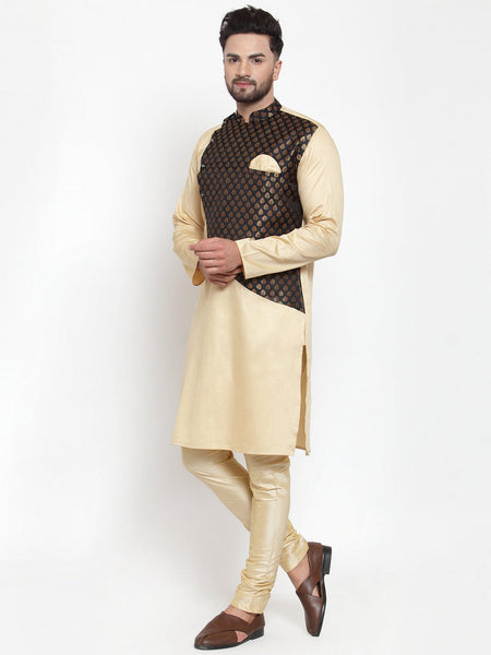 Designer Brocade Beige Banarasi Silk Kurta Pajama Set by Luxury at Less