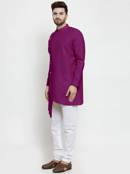 Designer Purple Linen Kurta With White Churidar Pyjama For Men By Luxury at Less