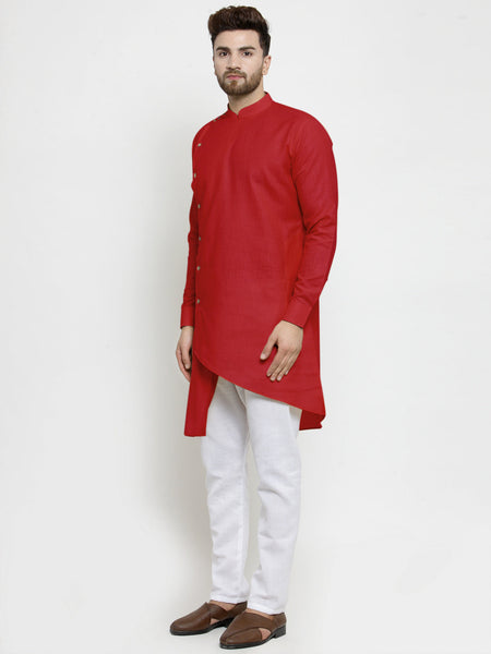 Designer Red Linen Kurta With White Aligarh Pajama For Men By Luxury at Less