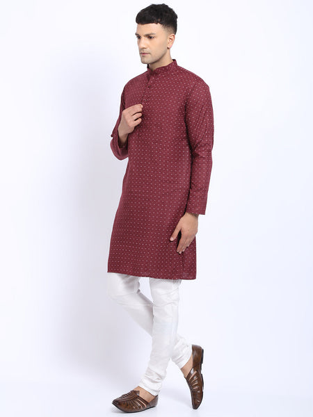 Printed Maroon Cotton Kurta with Churidar Pajama by Luxury at Less