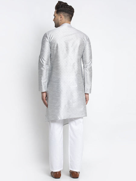 Embellished Brocade Light Grey Kurta With Aligarh Pajama Set For Men By Luxury at Less