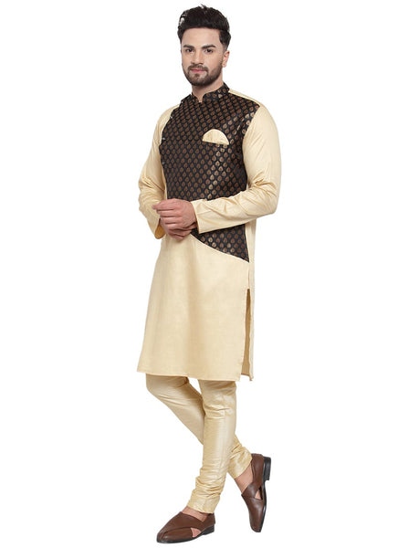 Brocade Silk Beige and Black Kurta With Churidar Pajama Set