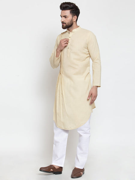 Beige Kurta With Aligarh Pajama Set in Linen For Men by Luxury at Less