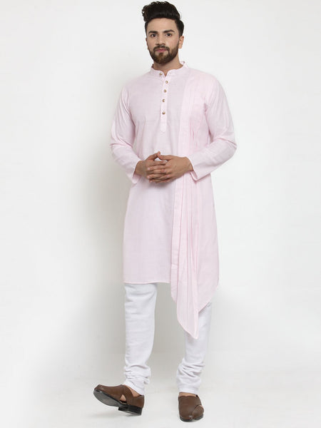 Pink Kurta With Churidar Pajama Set in Linen For Men by Luxury at Less