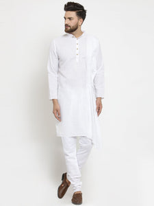 White Kurta With Churidar Pajama Set in Linen For Men by Luxury at Less