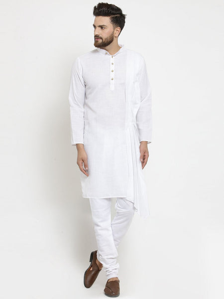 White Kurta With Churidar Pajama Set in Linen For Men by Luxury at Less