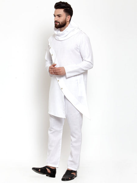 White Kurta With Aligarh Pajama in Linen For Men by Luxury at Less