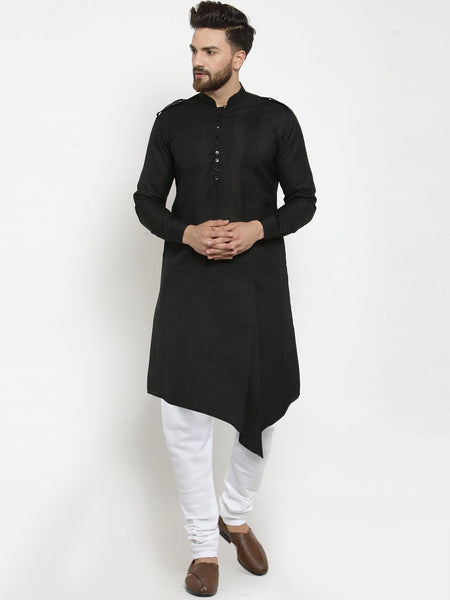 Black Kurta With Churidar Pajama in Linen For Men by Luxury at Less