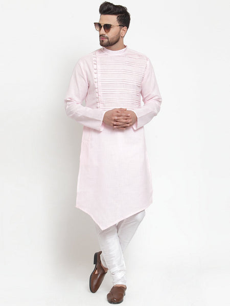 Designer Pink Kurta With Churidar Pajama in Linen For Men by Luxury at Less