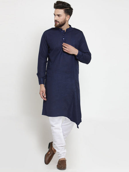 Navy Blue Kurta With Churidar Pajama Set in Linen For Men by Luxury at Less