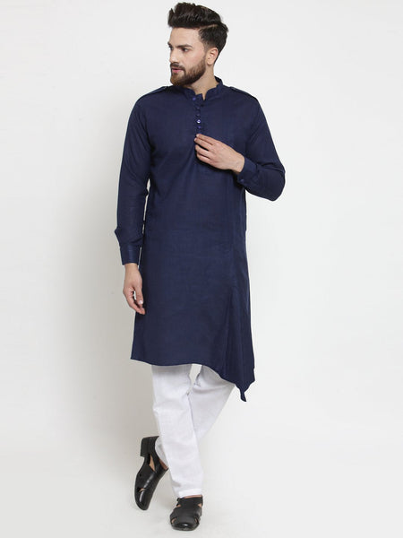 Navy Blue Kurta With Aligarh Pajama Set in Linen For Men by Luxury at Less