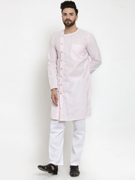 Designer Full Sleeve Pink Kurta With Aligarh Pajama Set in Linen For Men by Luxury at Less