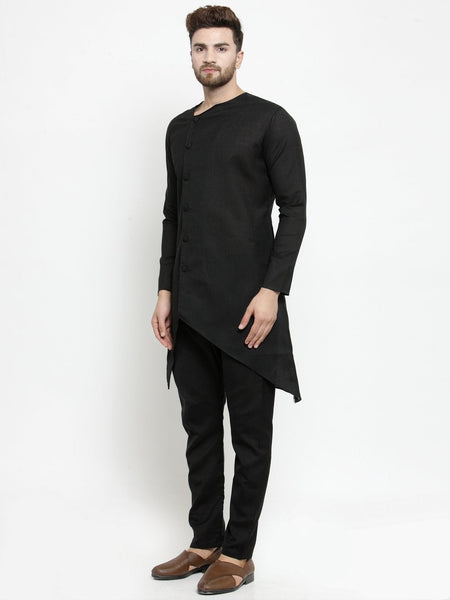 Designer Black Linen Kurta With Aligarh Pajama For Men By Luxury at Less