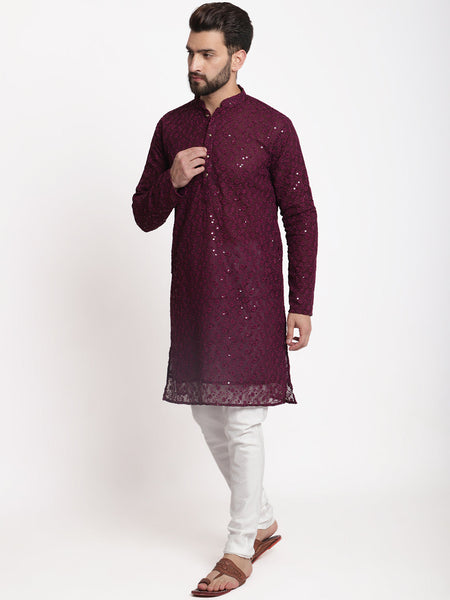 Wine Chikankari Floral Embroidery Kurta With Churidar Pajama by Luxury at Less