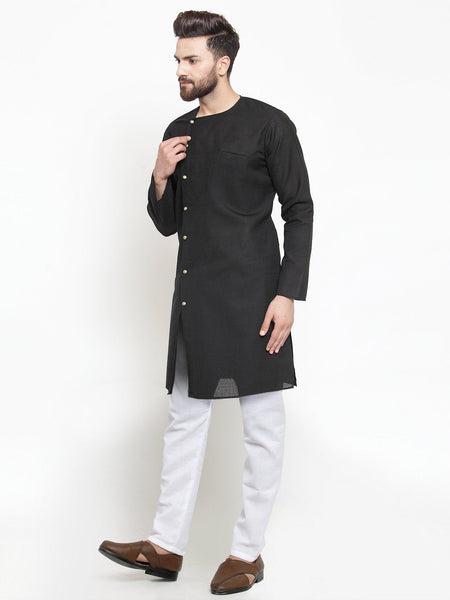 Designer Full Sleeve Black Kurta With Aligarh Pajama Set in Linen For Men by Luxury at Less