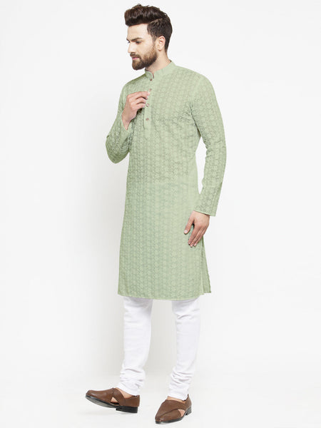 Pista Green Cotton Chikankari Lucknowi Jaal Embroidered Kurta with Churidar Pajama For Men by Luxury at Less