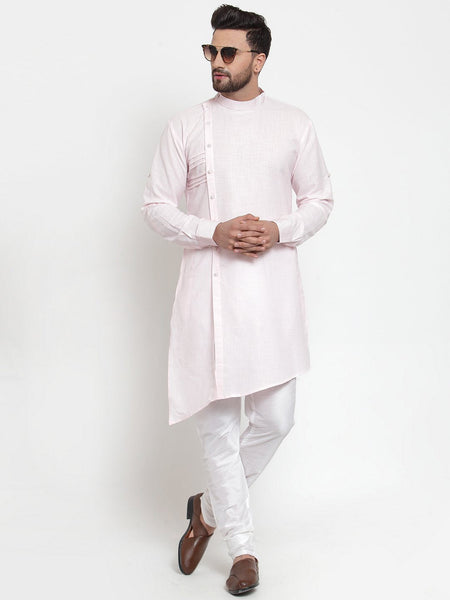 Designer Pink Kurta With Churidar Pajama Set in Linen For Men by Luxury at Less