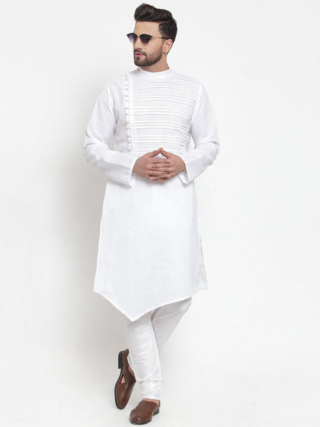 Designer White Kurta With Churidar Pajama Set in Linen For Men by Luxury at Less