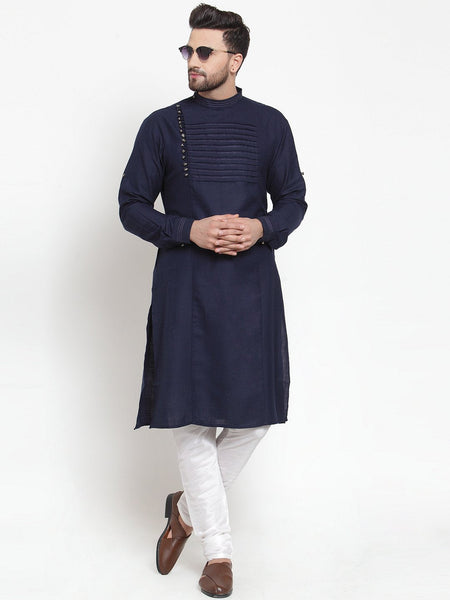 Designer Navy Blue Kurta With Churidar Pajama in Linen for Men by Luxury at Less