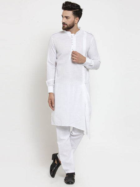 White Kurta With Aligarh Pajama Set in Linen For Men by Luxury at Less