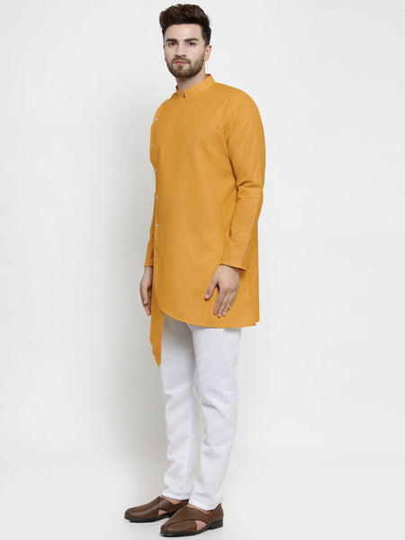 Designer Mustard Yellow Linen Kurta With White Aligarh Pajama For Men By Luxury at Less