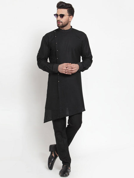 Designer Black Kurta With Aligarh Pajama Set in Linen For Men by Luxury at Less