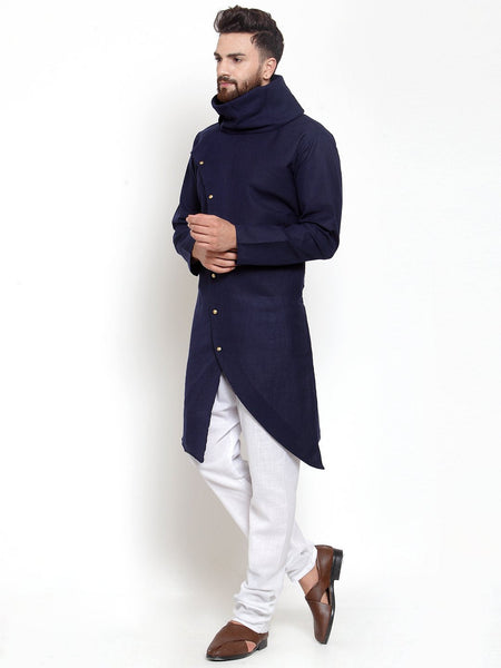 Navy Blue Kurta With Churidar Pajama Set For Men by Luxury at Less