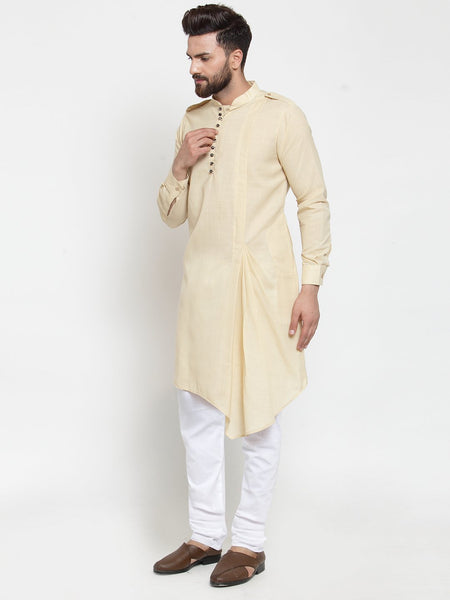 Beige Kurta With Churidar Pajama Set in Linen For Men by Luxury at Less