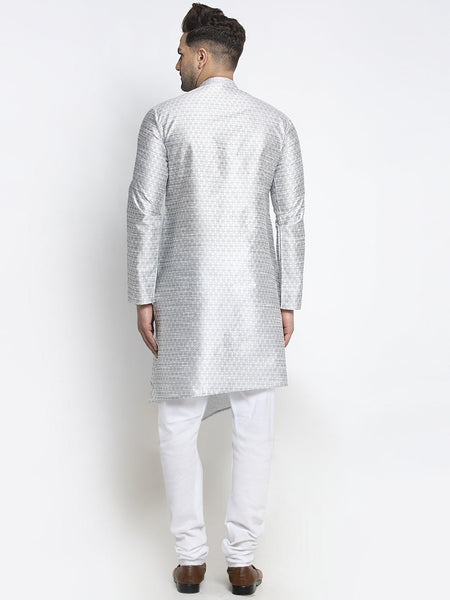 Embellished Brocade Light Grey Kurta With Churidar Pajama Set For Men By Luxury at Less