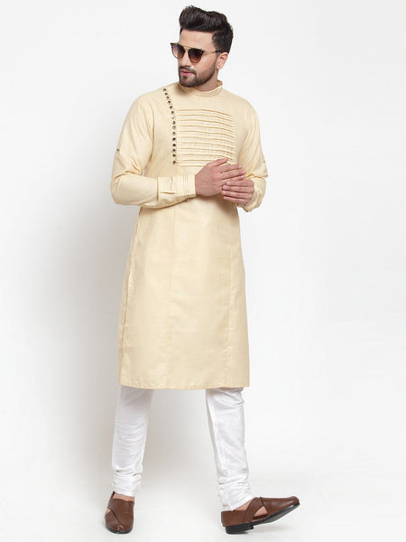 Designer Beige Kurta With Churidar Pajama Set in Linen for men by Luxury at Less