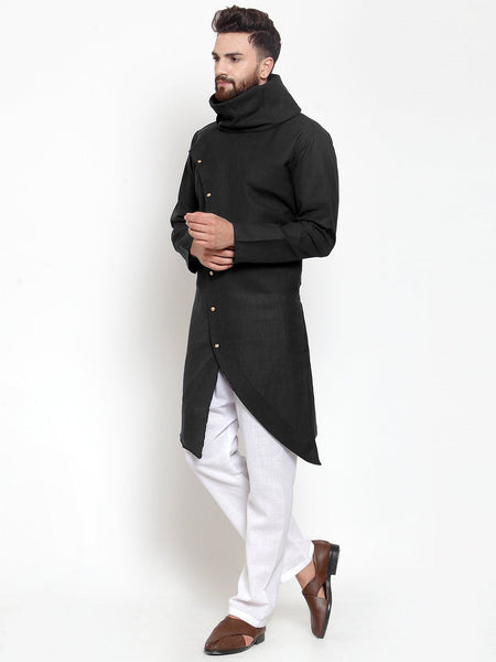 Black Kurta With Aligarh Pajama Set in Linen For Men by Luxury at Less